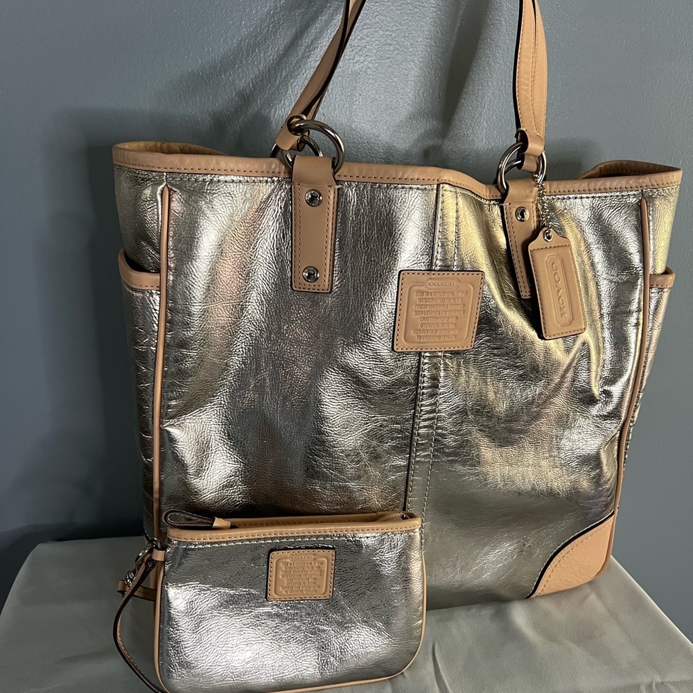 Coach Silver and Tan Tote with Metallic Finish